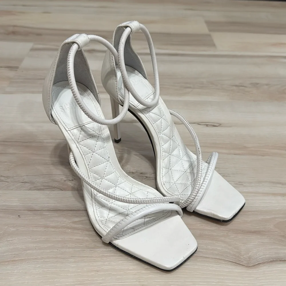 Schutz Gaiah White Leather Strappy Stiletto Heels Size 6.5